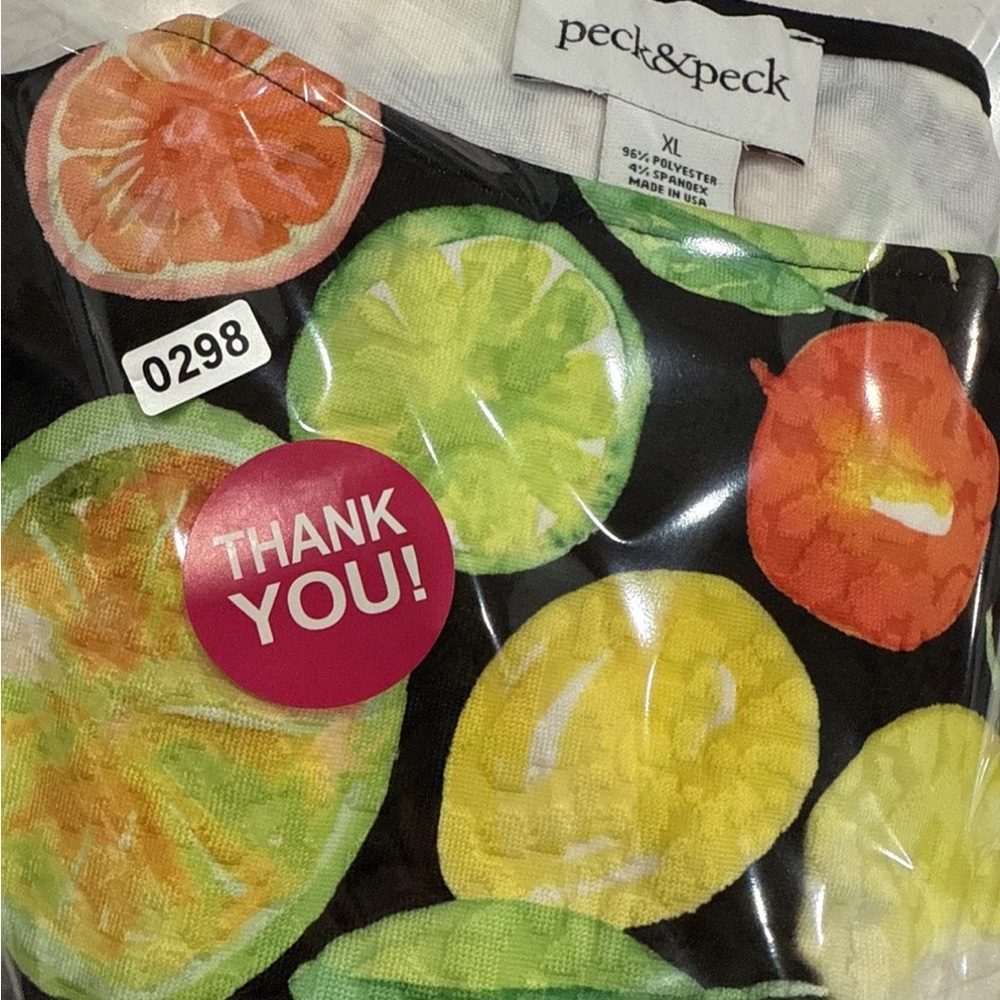 Vintage New Peck & Peck‎ XL Citrus Fruit Print Top Black Lemons Made USA Orange - Picture 8 of 8
